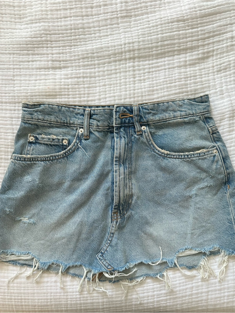 Zara Light Blue Distressed Denim Mini Skirt